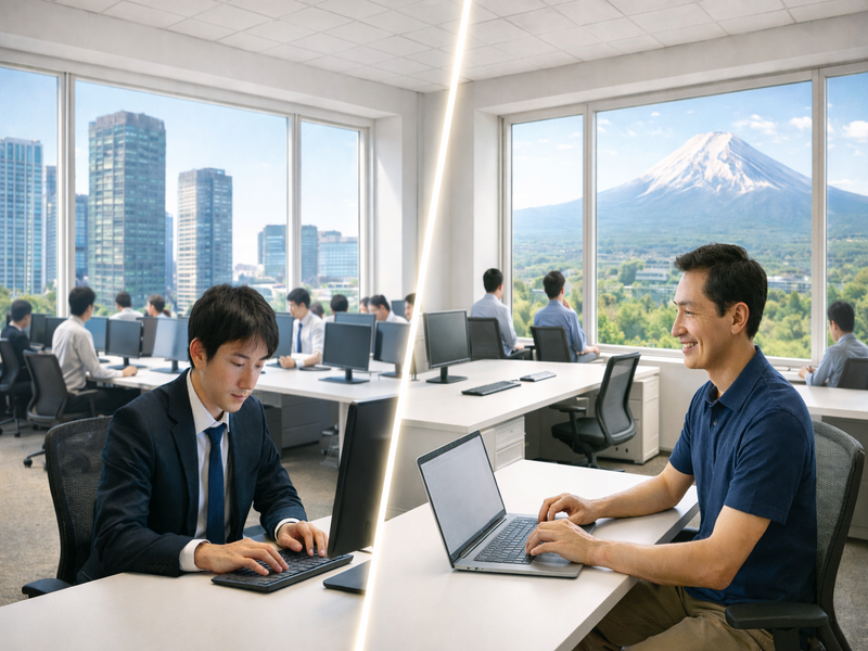 都市部と地方の働き方の違いを示すイメージ