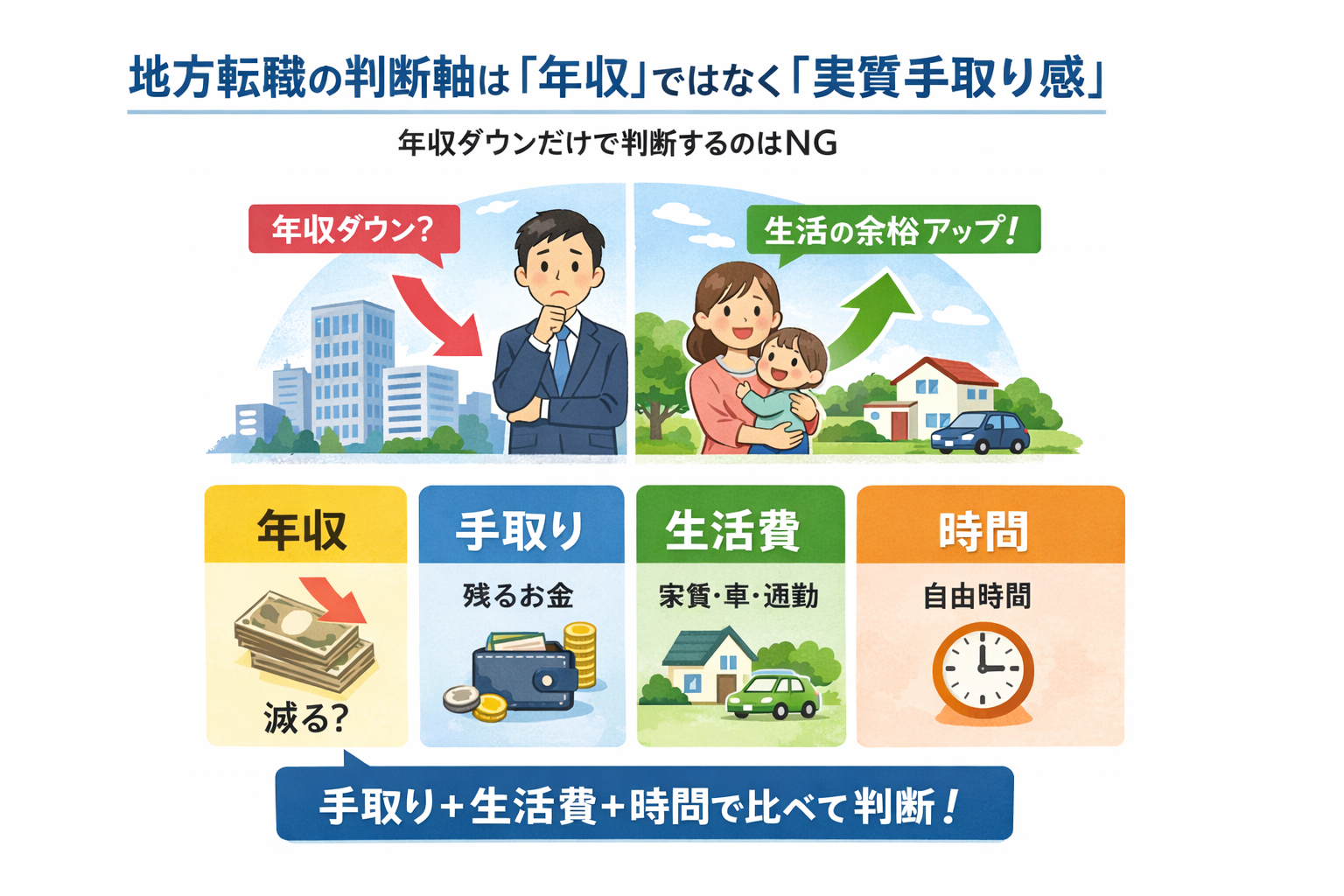 地方転職の判断を年収・手取り・生活費・時間で比較する図