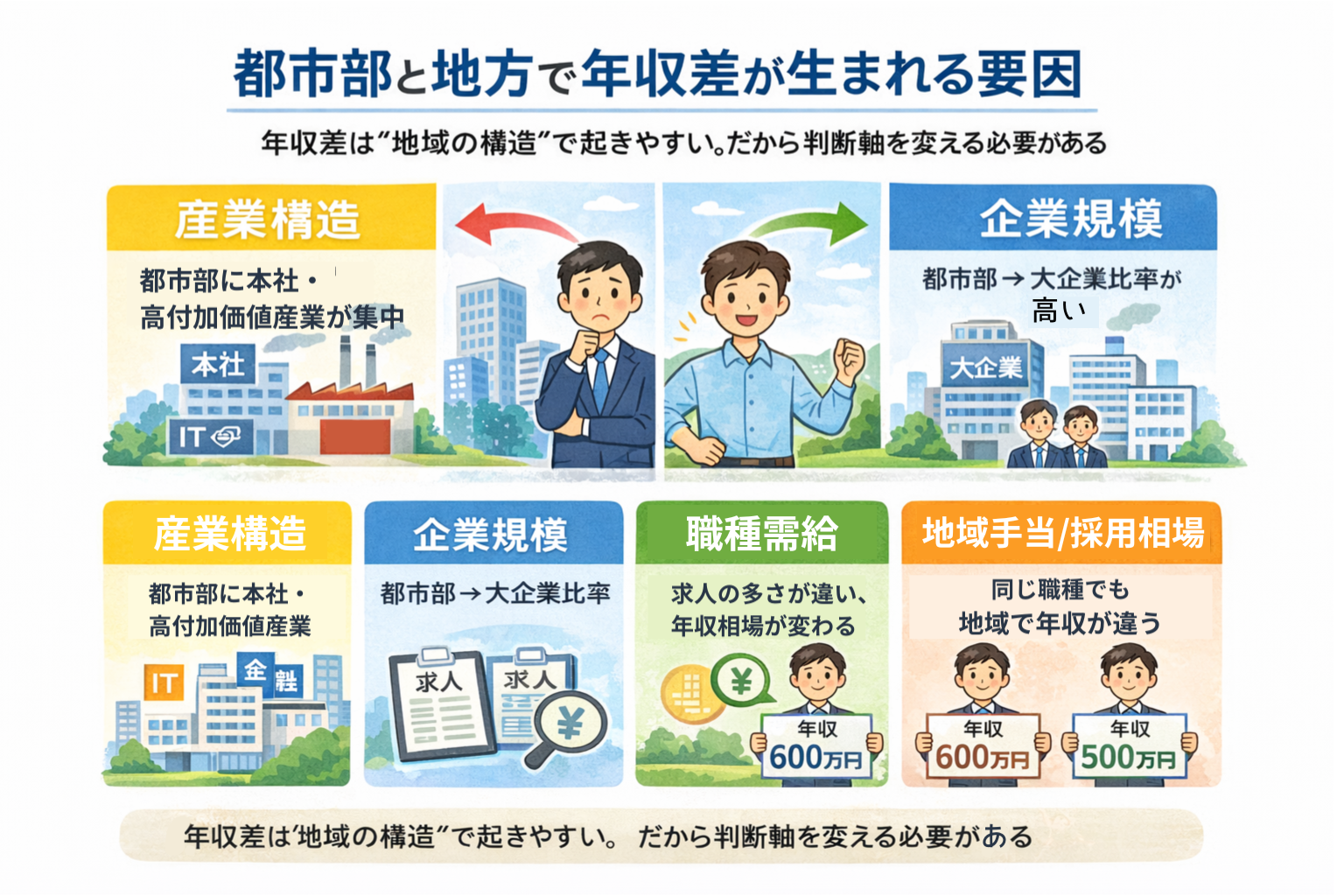 都市部と地方で年収差が生まれる要因（産業構造・企業規模・職種需給・地域手当／採用相場）の図解