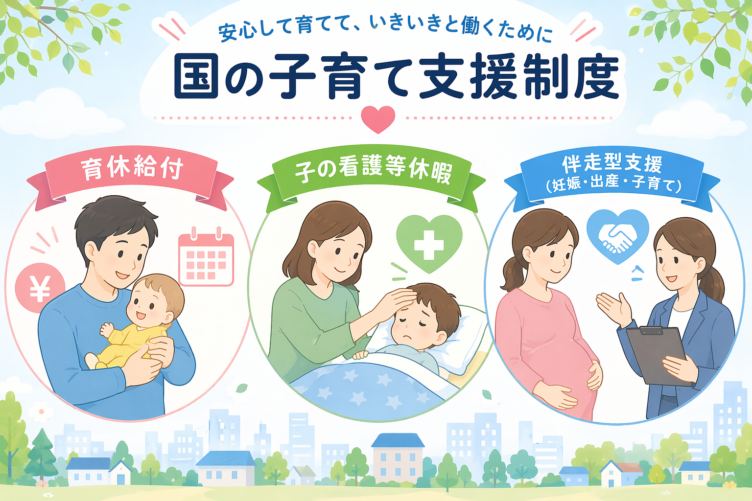 国の子育て支援制度(育休給付・子の看護等休暇・伴走型支援)を示す図