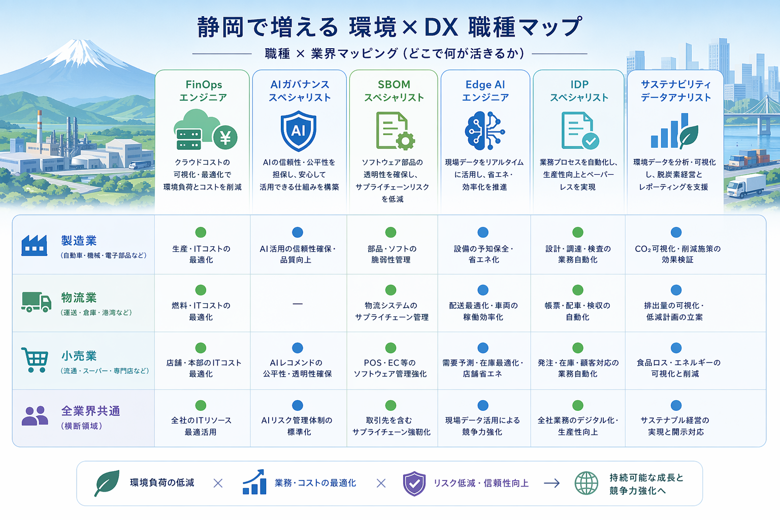 静岡で増える環境×DX職種マップ（FinOps/AIガバナンス/SBOM/Edge AI/IDPなど）